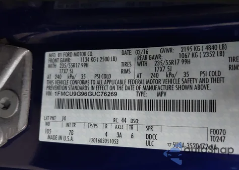2016 Ford Escape Se from USA, damaged, VIN 1FMCU9G96GUC76269